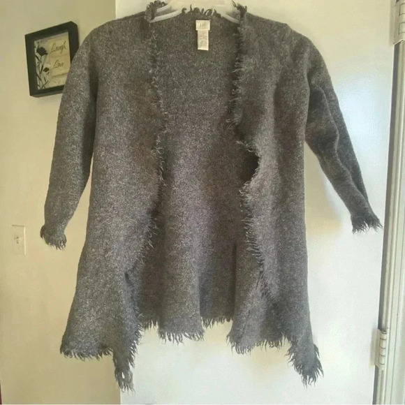 J. Jill Merino Wool Gray cardigan sweater Size L Fringe Hem Open Front Cozy - Picture 1 of 6